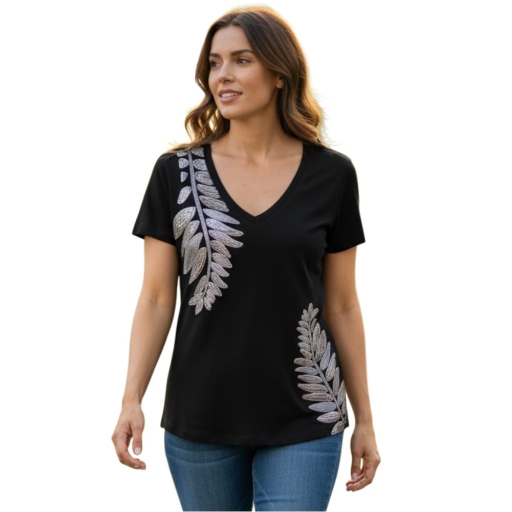 Express Top, Black with Silver‎ Sequence Design T-shirt, Women’s, Size Medium